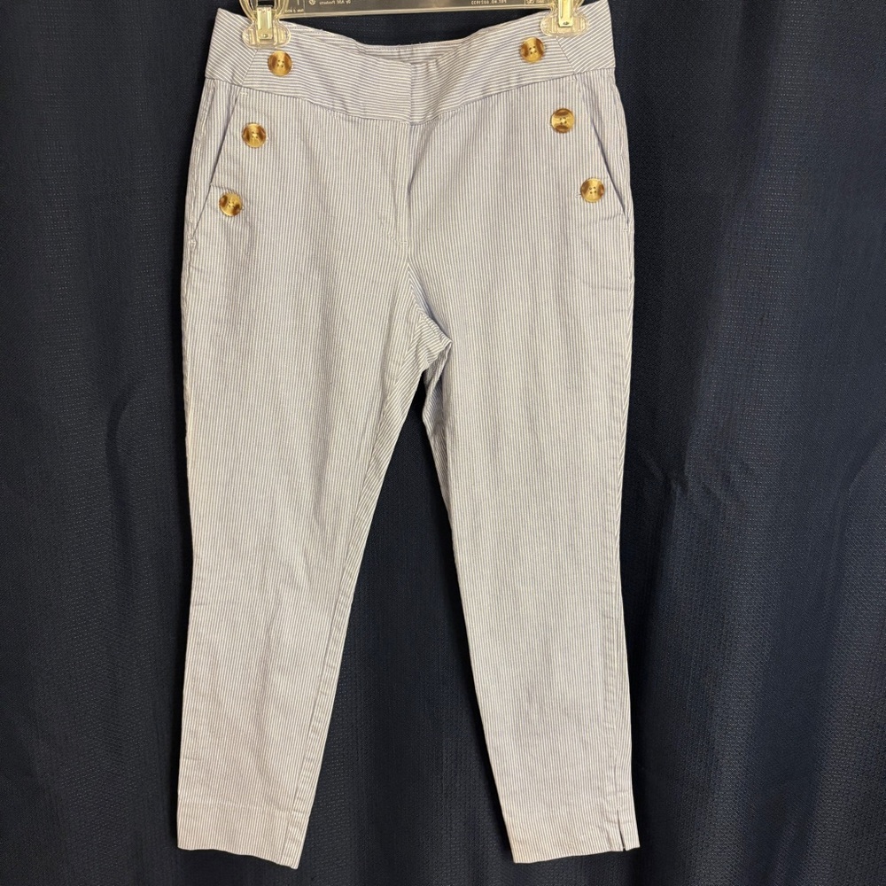 LOFT White and Blue Striped Skinny Ankle Pant With Button Details